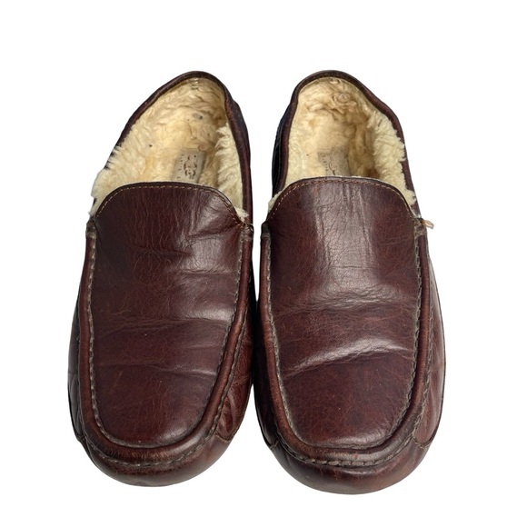 UGG men Ascot brown leather Sherpa loafer driving slipper size 11 rubber sole - Picture 1 of 16